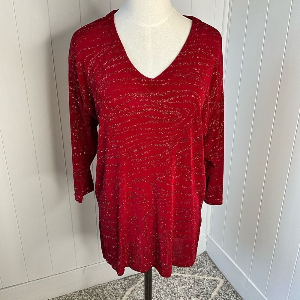 A Touch of Class Clothing Womens S/M Tunic Top Red Sparkle V Neck Slinky Stretch